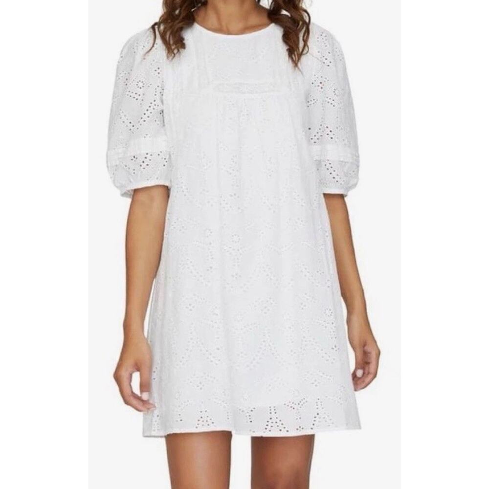 Sanctuary White Cotton Eyelet Lace Mini Dress Short Puff Sleeve Shift CD1399AJ9